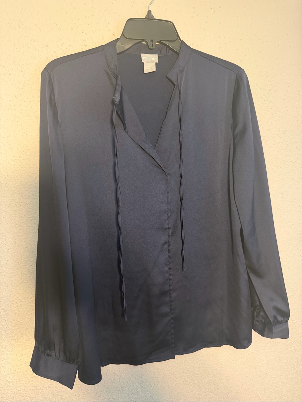 Chico's Navy Tie-Neck Long Sleeve Blouse - Picture 2 of 5